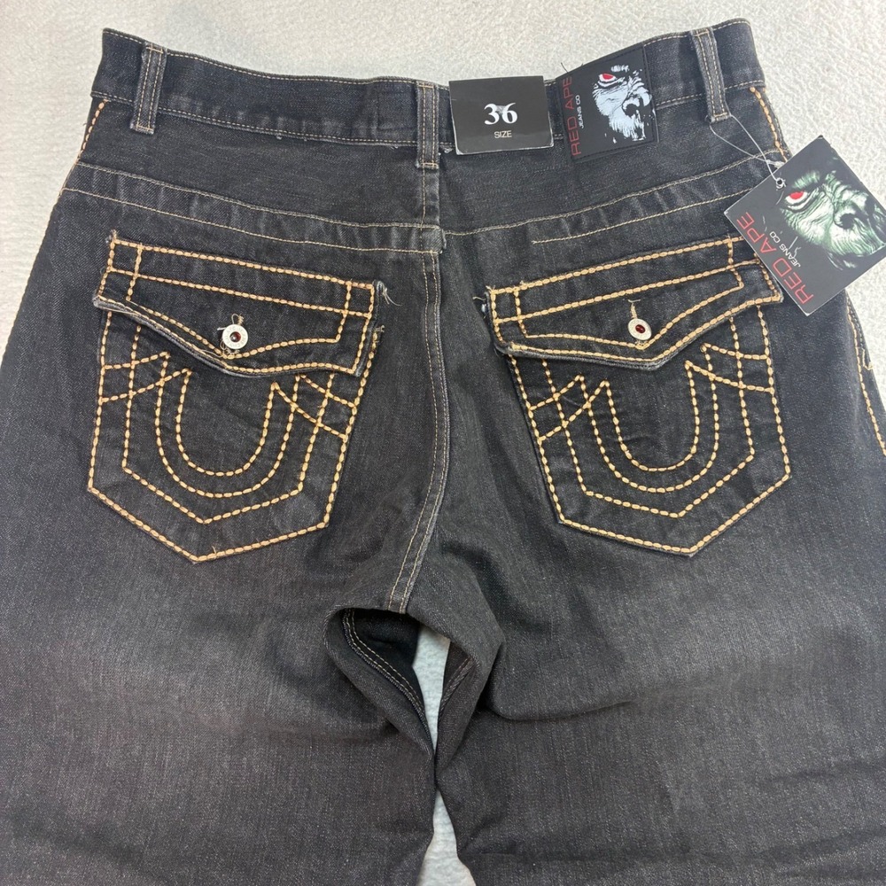 Y2K Red Ape Baggy Jeans Men 36x32 Black Embroidered Loose Straight Relaxed NWT - Picture 2 of 8